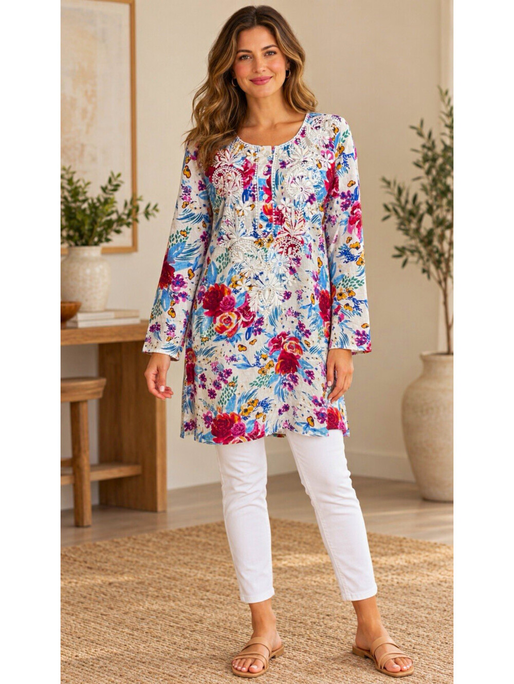 Vintage Goa Women’s M Floral Embroidered Cotton Round Neck Tunic